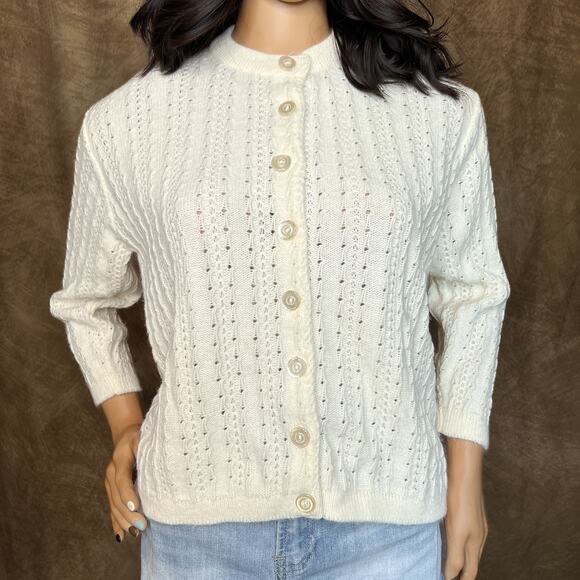 Vintage 60s Bradley Cardigan Sweater Cream Crochet Knit Button Up Womens 8 Retro - Picture 1 of 8